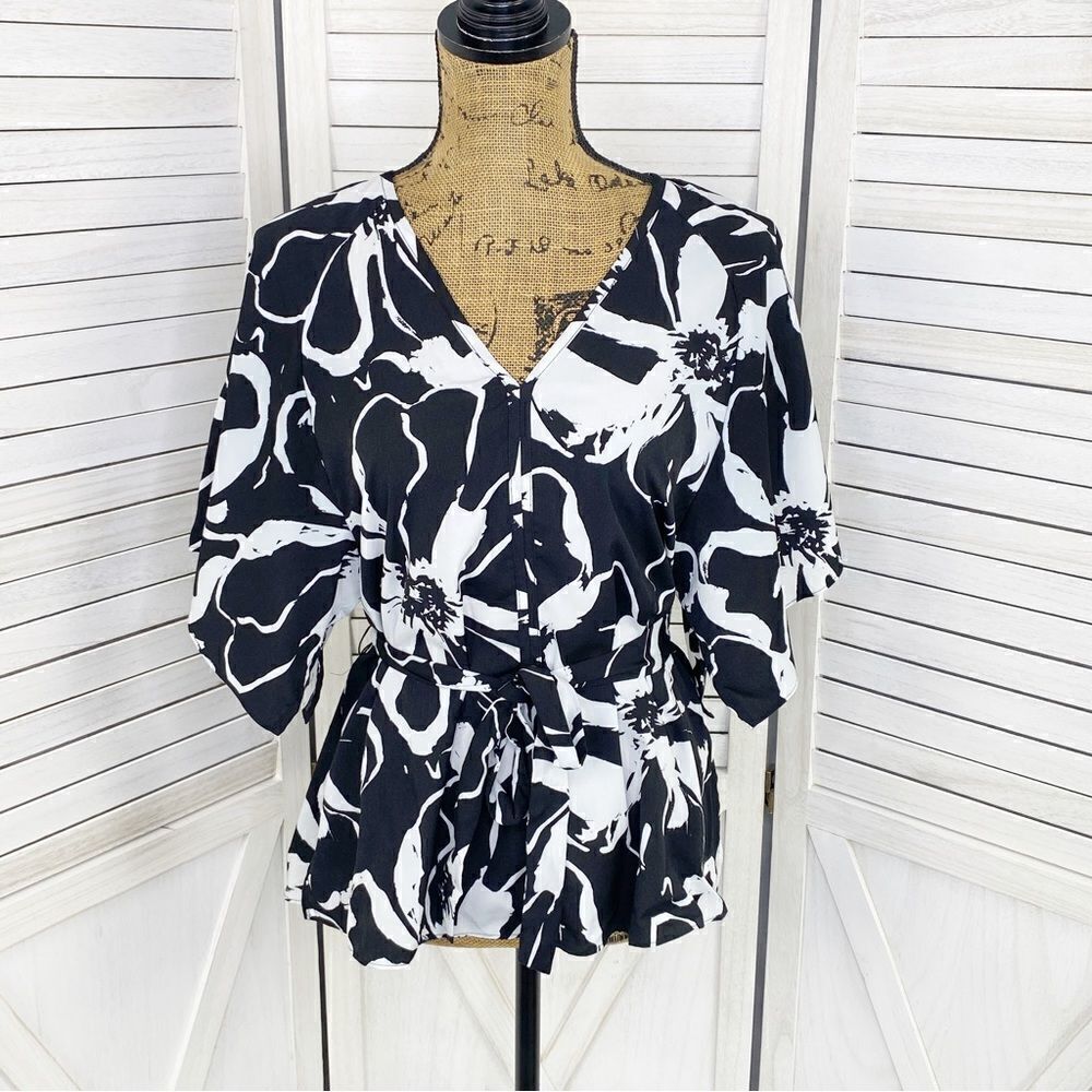 Banana Republic Floral Butterfly Flared Sleeve Tie Waist Blouse Black White PS
